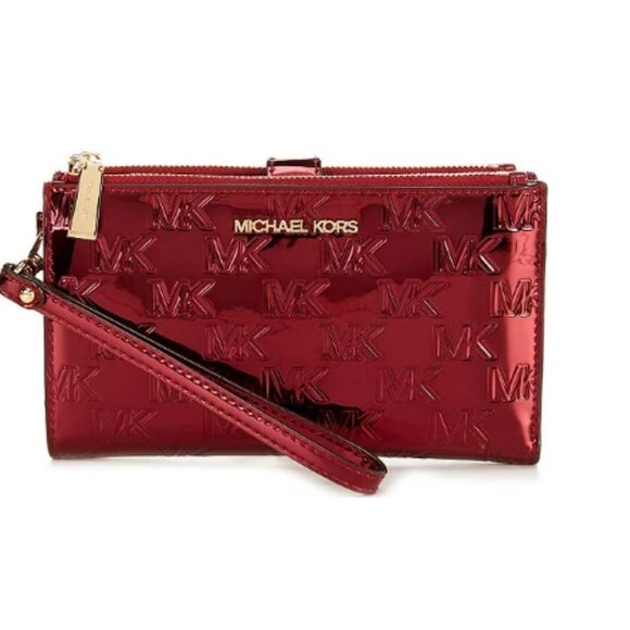 Michael Kors Jet Set MK Facet Logo Embossed Specchio Double Zip Wristlet DeepRED - Picture 2 of 6